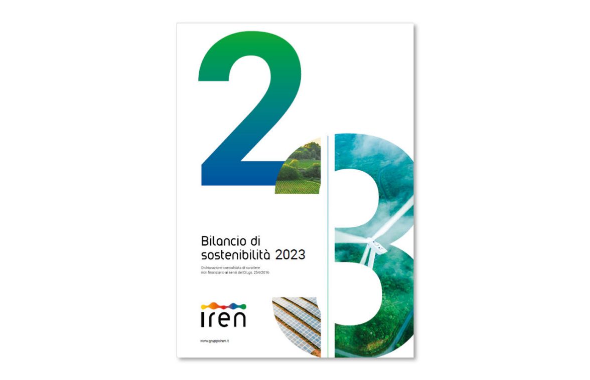Copertina del bilancio di sostenibilità 2022 con all'interno dei numeri immagini di foglie e pannelli fotovoltaici