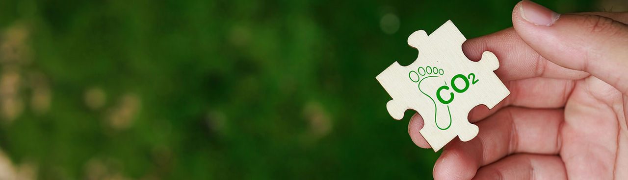 mano che tiene tra le dita un pezzo di puzzle con scritto CO₂