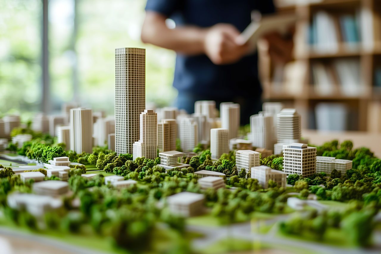Modellino architettonico di una città moderna con grattacieli e tanto verde intorno.