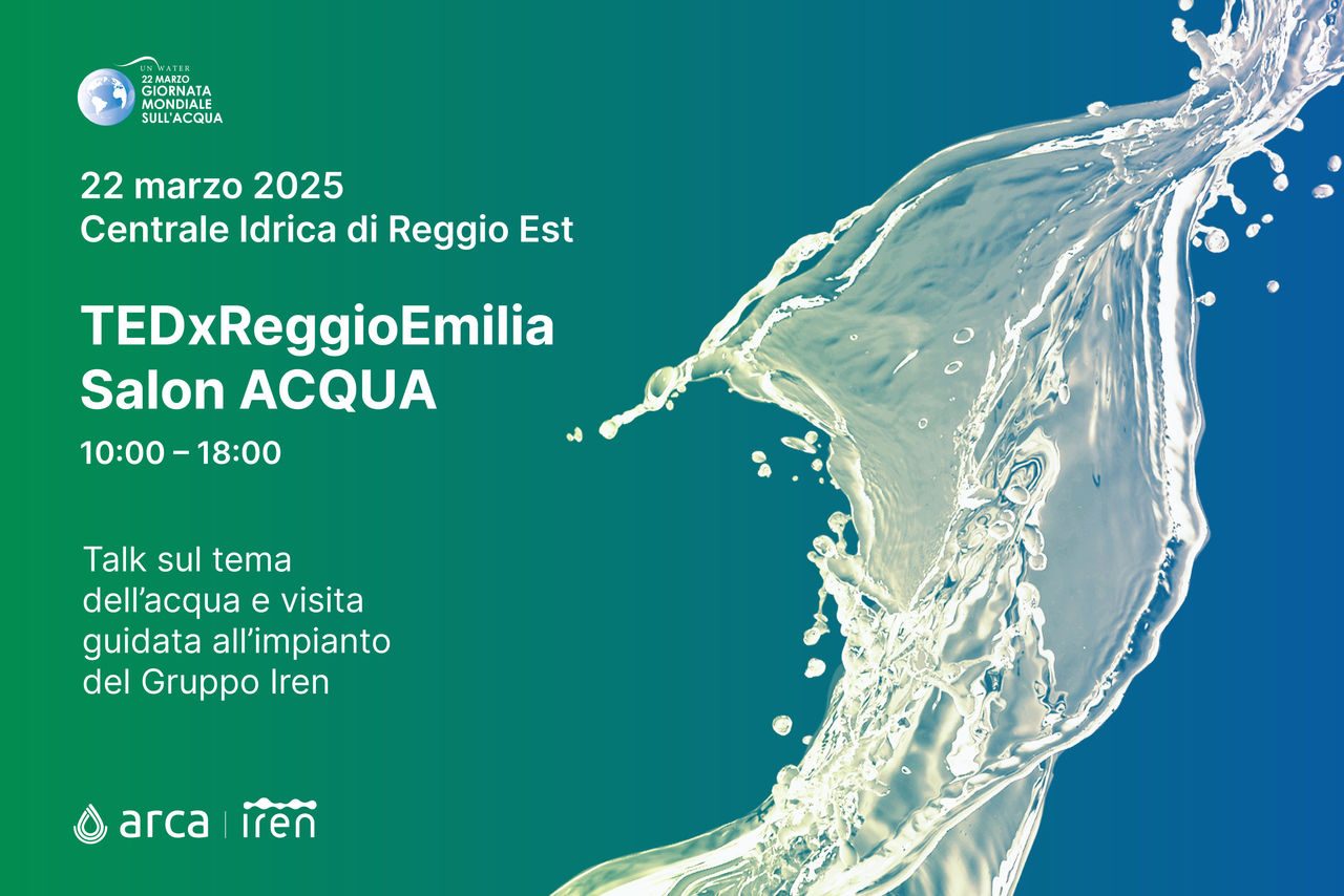 Locandina dell'evento "TEDxReggioEmilia Salon ACQUA" per la Giornata Mondiale dell'Acqua 2025, organizzato presso la Centrale Idrica di Reggio Est il 22 marzo. Il design presenta un fondo sfumato verde-blu con un'onda d'acqua in primo piano e i loghi di Arca e Iren.