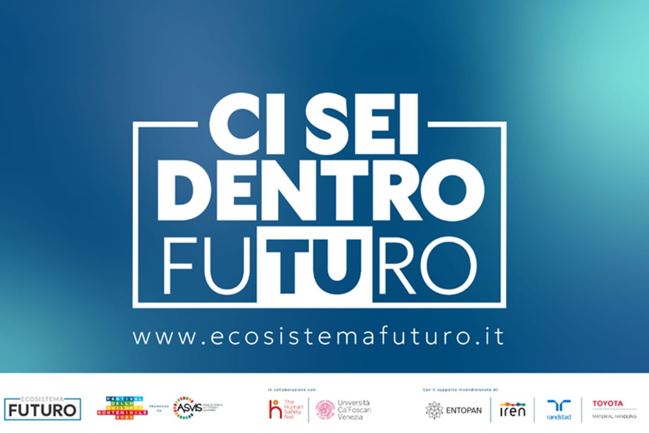 Immagine grafica con il logo “CI SEI DENTRO IL FUTURO” e il sito www.ecosistemafuturo.it, accompagnata dai loghi di partner e collaboratori.