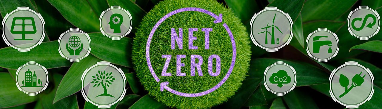 Cerchio verde con scritto all'interno "Net Zero" e icone intorno relativa al mondo delle rinnovabili