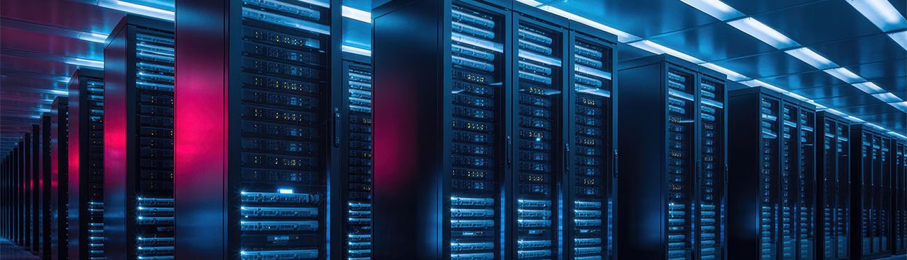 Una sala server illuminata da luci blu e rosse che evidenziano il ruolo fondamentale della tecnologia nei moderni sistemi di gestione dei dati.
