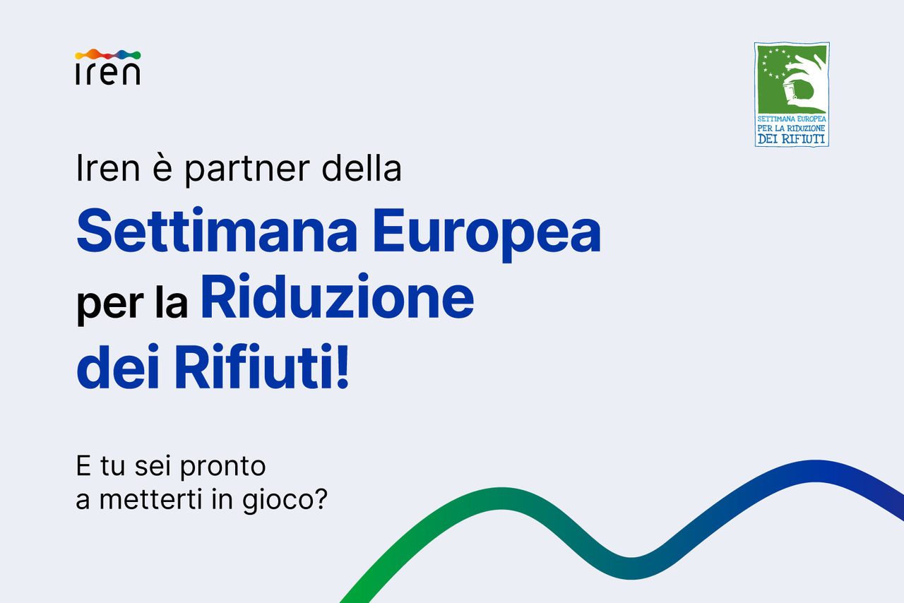 Grafica con logo Iren e testo che annuncia la partnership con la Settimana Europea per la Riduzione dei Rifiuti.