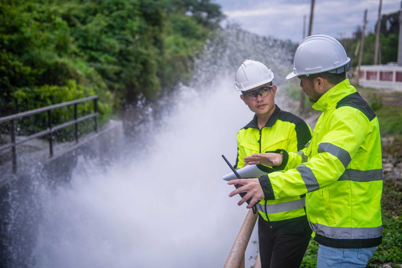 operai con casco protettivo e divisa, sullo sfondo cascata d'acqua 