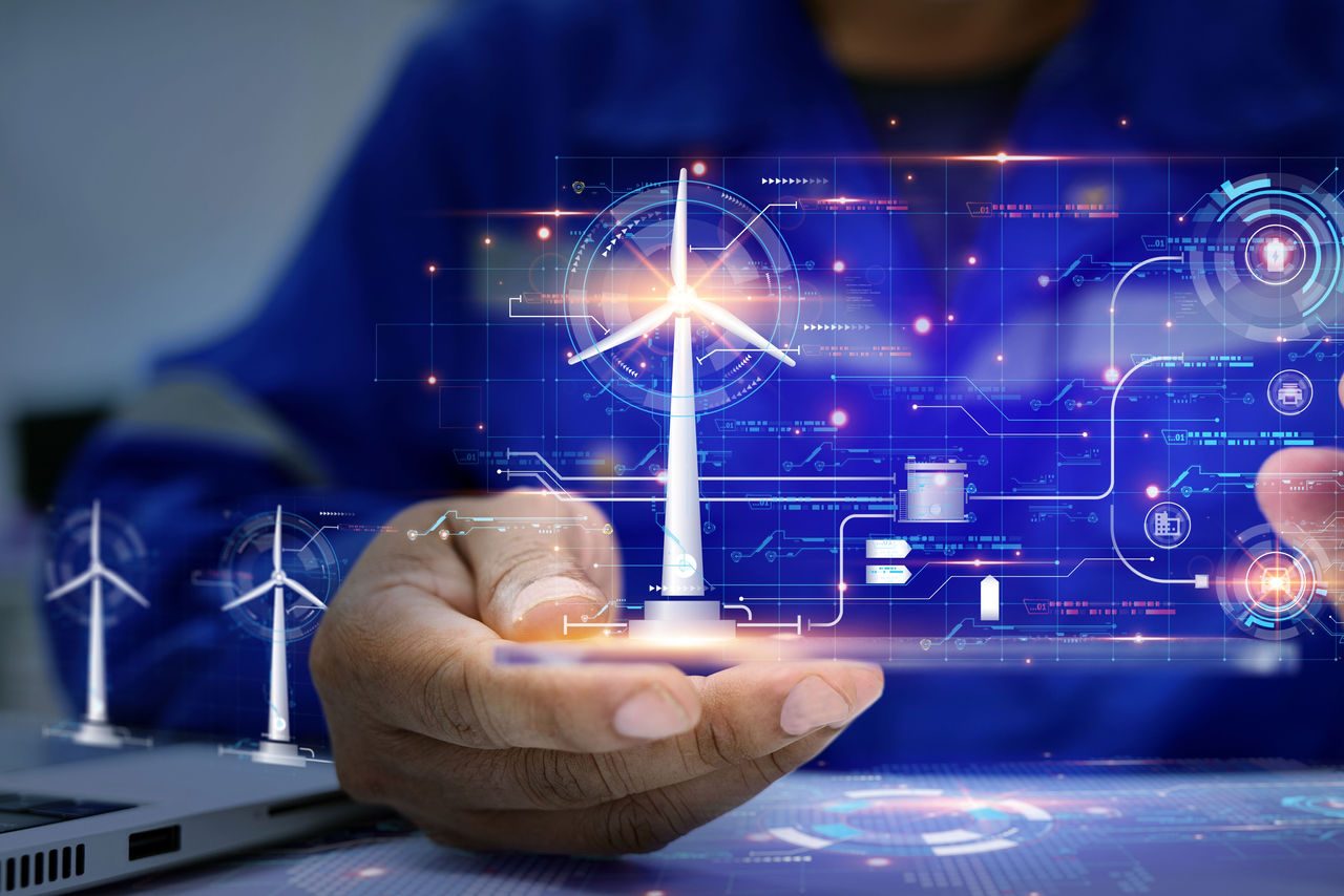 Interfaccia futuristica olografica con dati elettrici in tempo reale, simbolo della digitalizzazione dell’energia e dell’intelligenza artificiale nel monitoraggio delle reti.