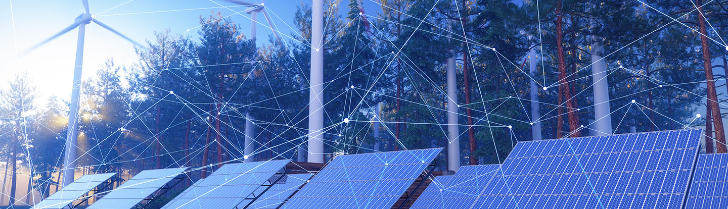 Rappresentazione digitale di pannelli solari e turbine eoliche con punti di connessione stilizzati, simbolo della transizione energetica e delle smart grid.