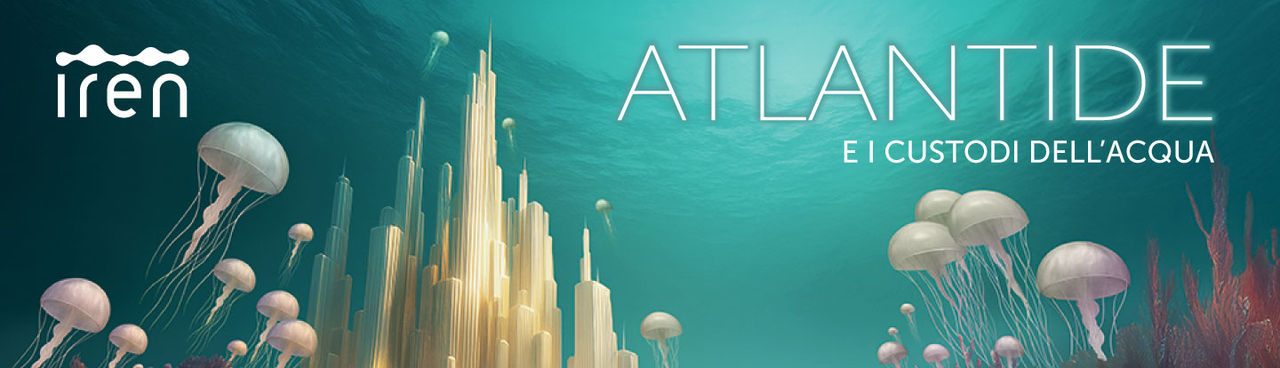 Illustrazione subacquea della città immaginaria di Atlantide tra coralli e meduse, con il logo Iren e il titolo “Atlantide e i custodi dell’acqua”.