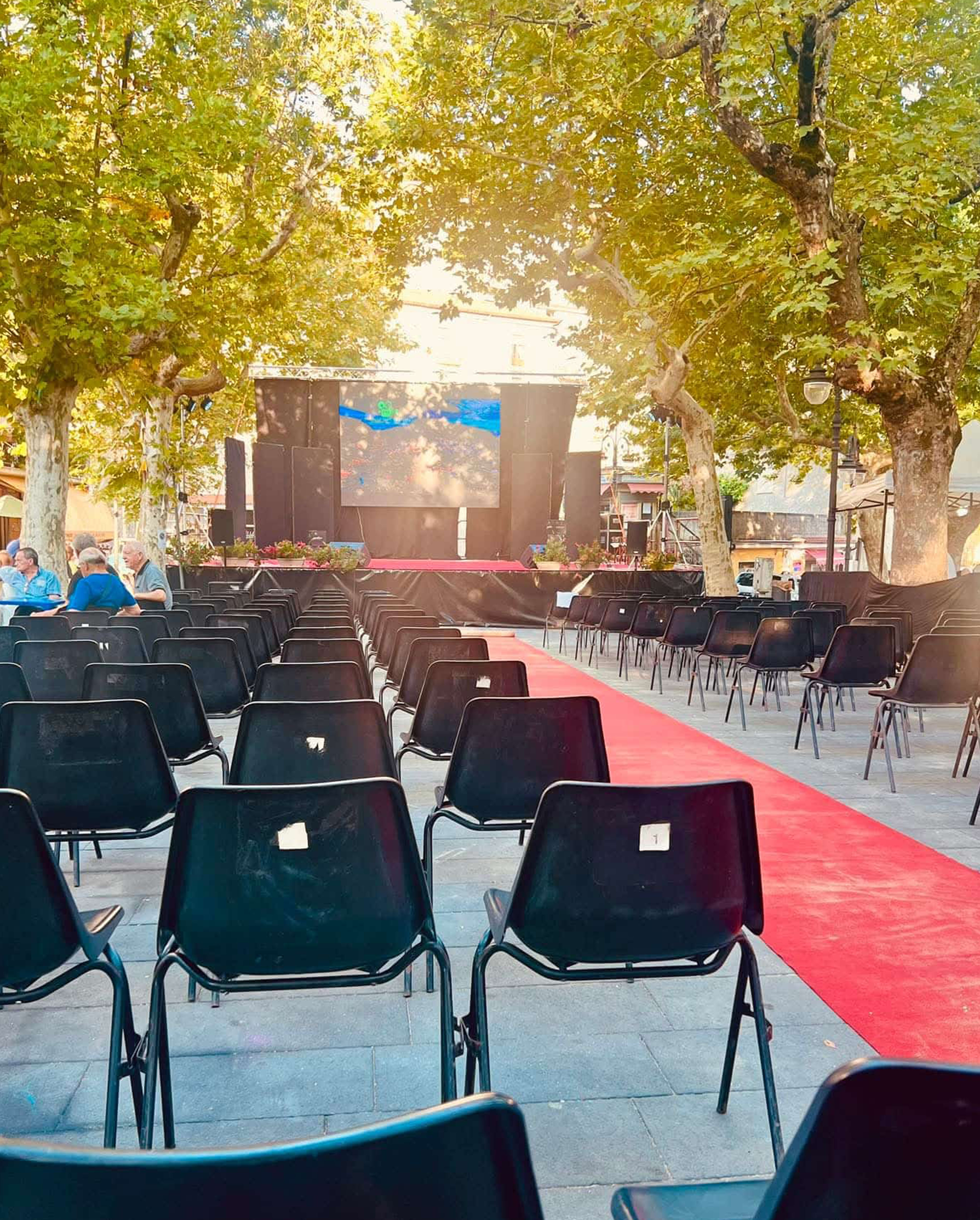 Sedie disposte di fronte un palco, circondato da alberi verdi, in occasione del Festival 