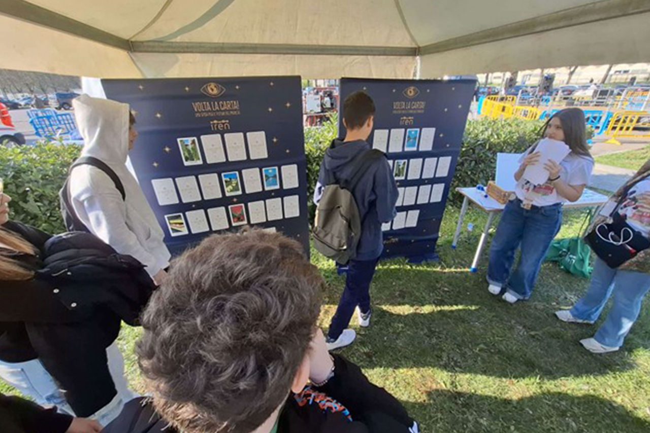 Studenti partecipano a un’attività ludica sulla sostenibilità con pannelli e carte da gioco didattiche in un’area verde.