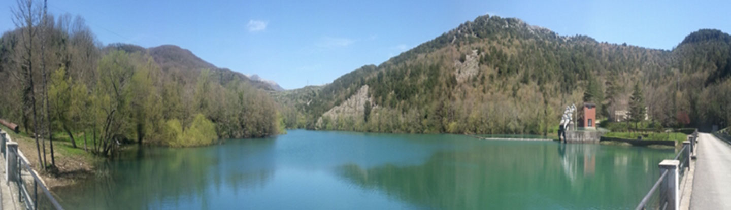 Panorama di una diga e di un bacino idrico circondato da montagne e alberi, in una giornata serena con cielo limpido.