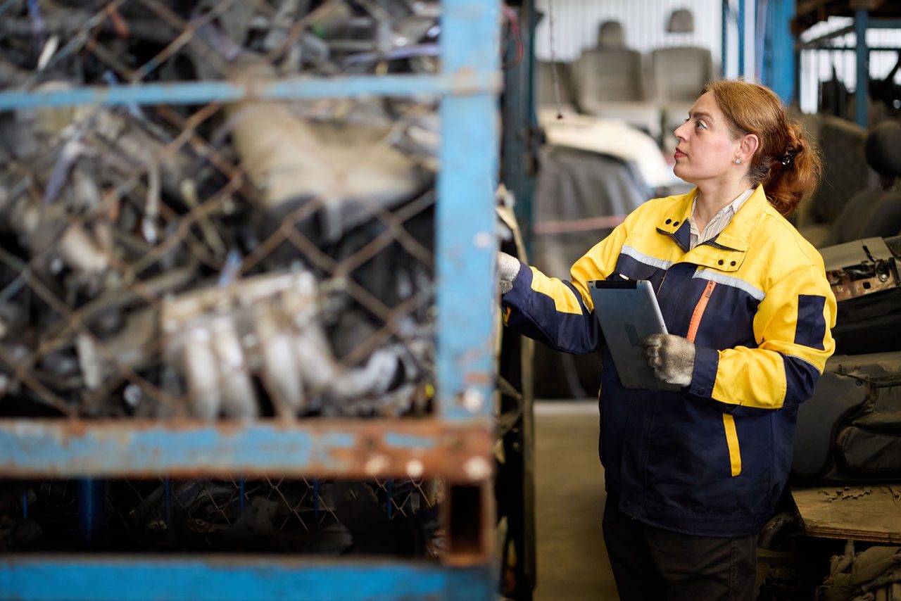Lavoratrice in divisa che esamina rottami metallici all'interno di una fabbrica