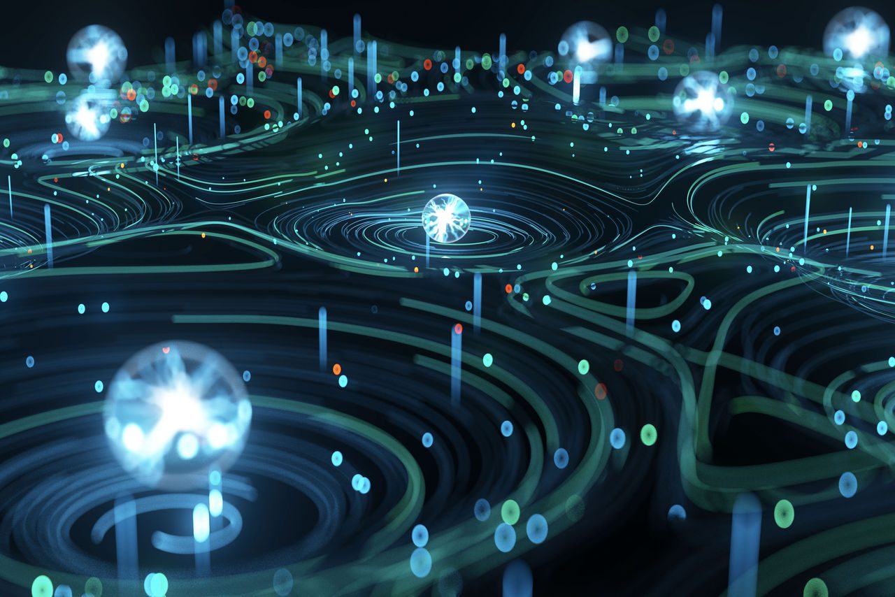 Rappresentazione astratta di una rete digitale con linee ondulate, punti luminosi e sfere in movimento che evocano il flusso di dati e l'interconnessione tecnologica in un ambiente scuro futuristico.