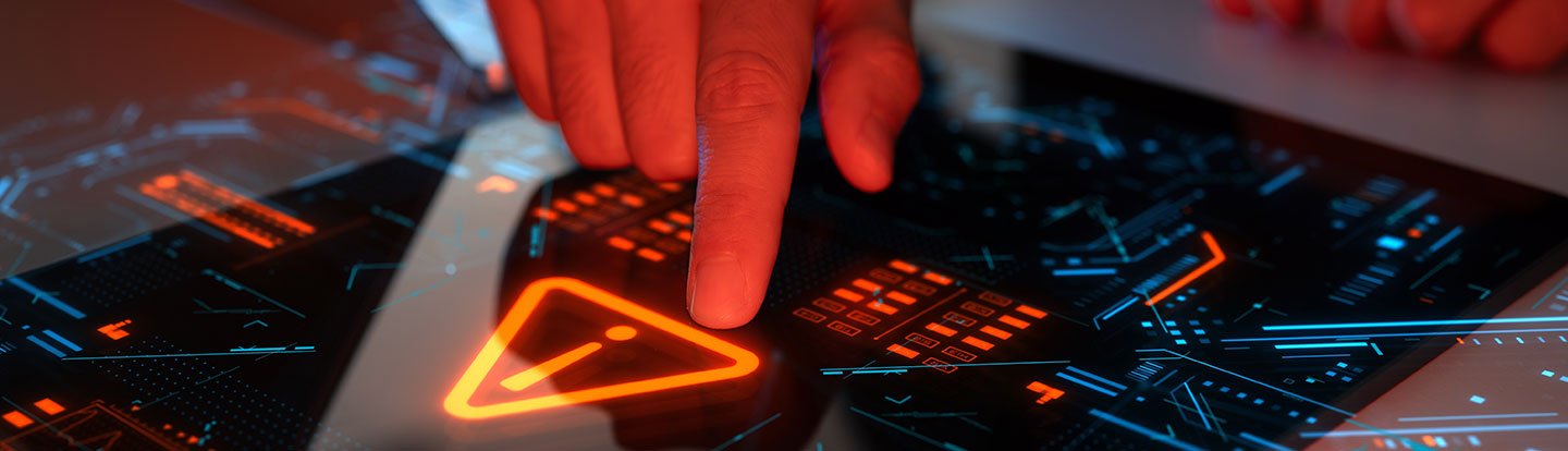 dito di uomo che interagisce con un'interfaccia touchscreen olografica di colore rosso