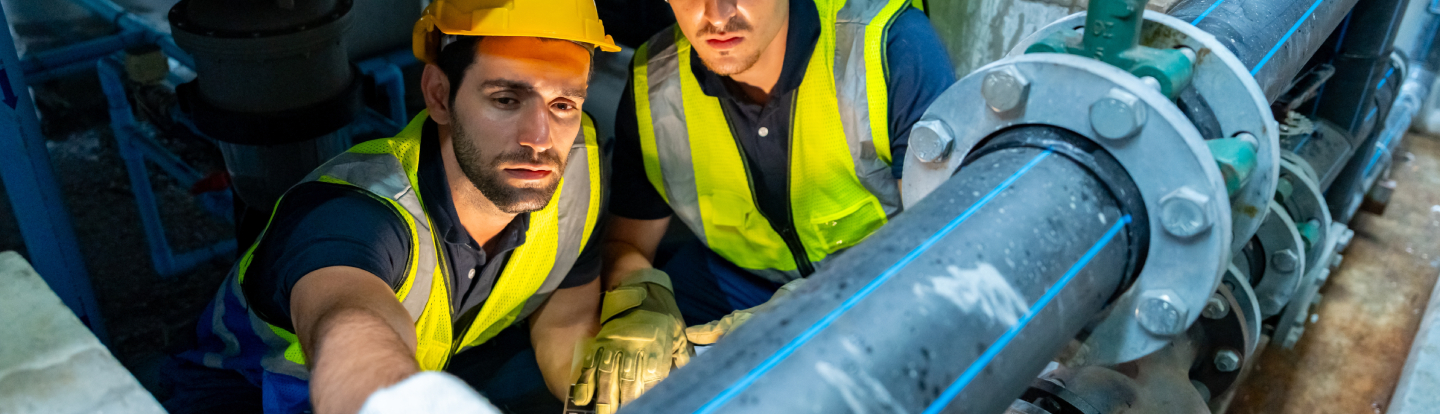 Tecnici in uniforme di sicurezza di lavoro che ispezionano i sistemi idraulici esterni dell'edificio