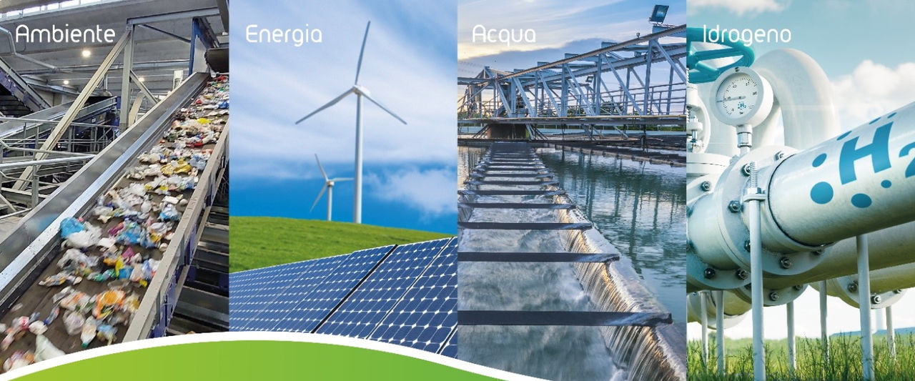 energia pulita - mix di foto raccolta differenziata, eolico, idrolettrico, idrogeno