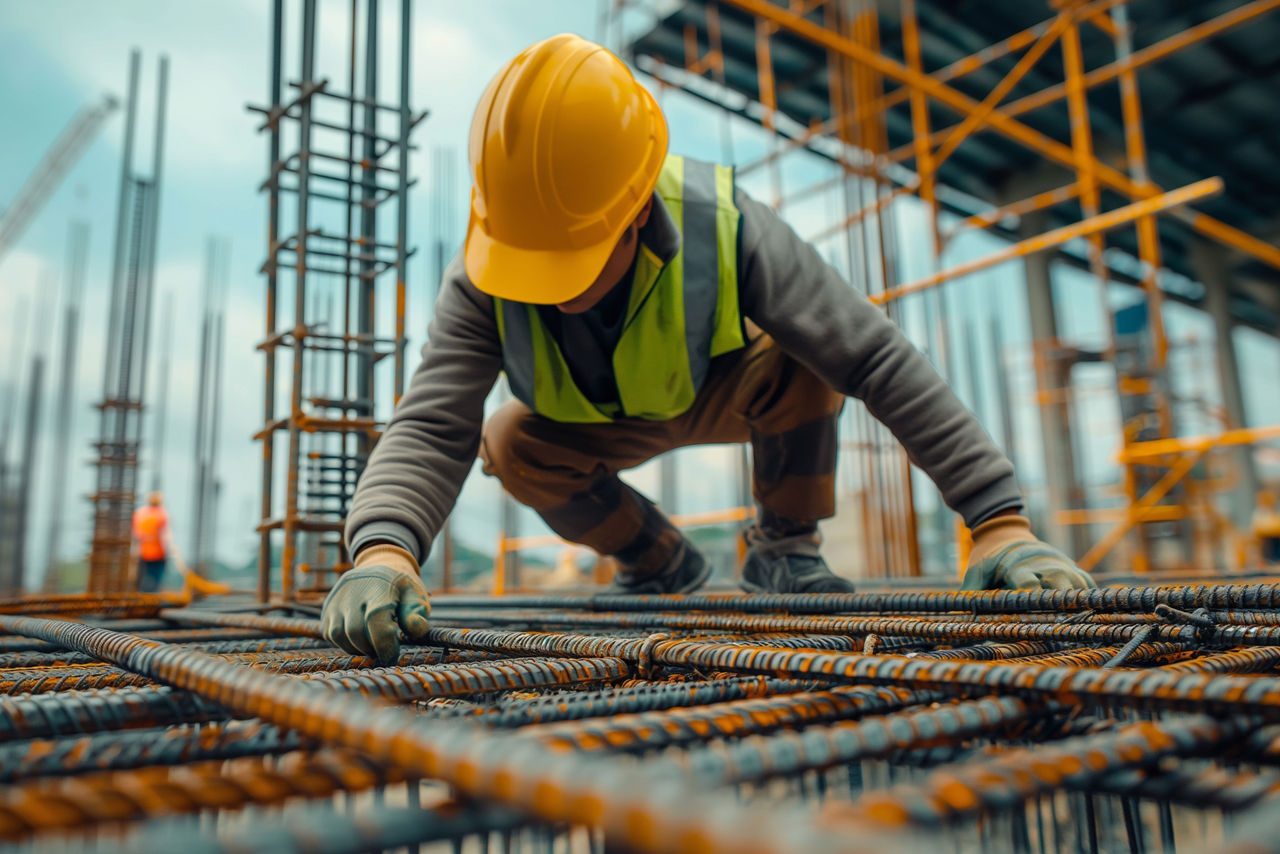 Operaio edile, con indosso un elmetto giallo e un giubbotto di sicurezza, sta lavorando in un cantiere, maneggiando barre d'acciaio