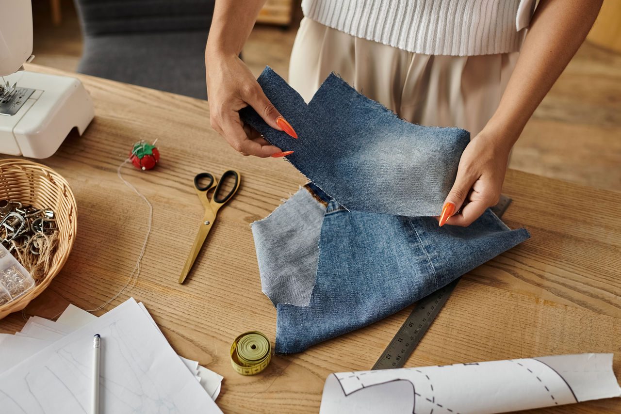 donna che ritaglia un jeans per riutilizzarlo enon gettarlo